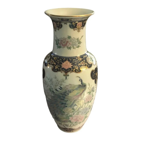 Toyo Japanese Porcelain 60s Decorative Vase Peacock Motif Cherry Blossom Pastels - Picture 1 of 8